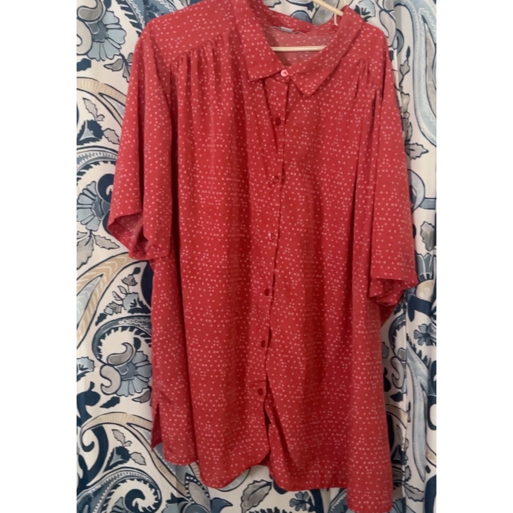 Only Necessities Red Dot Print Button‎ Up Collared Shirt Top Plus Size 5X